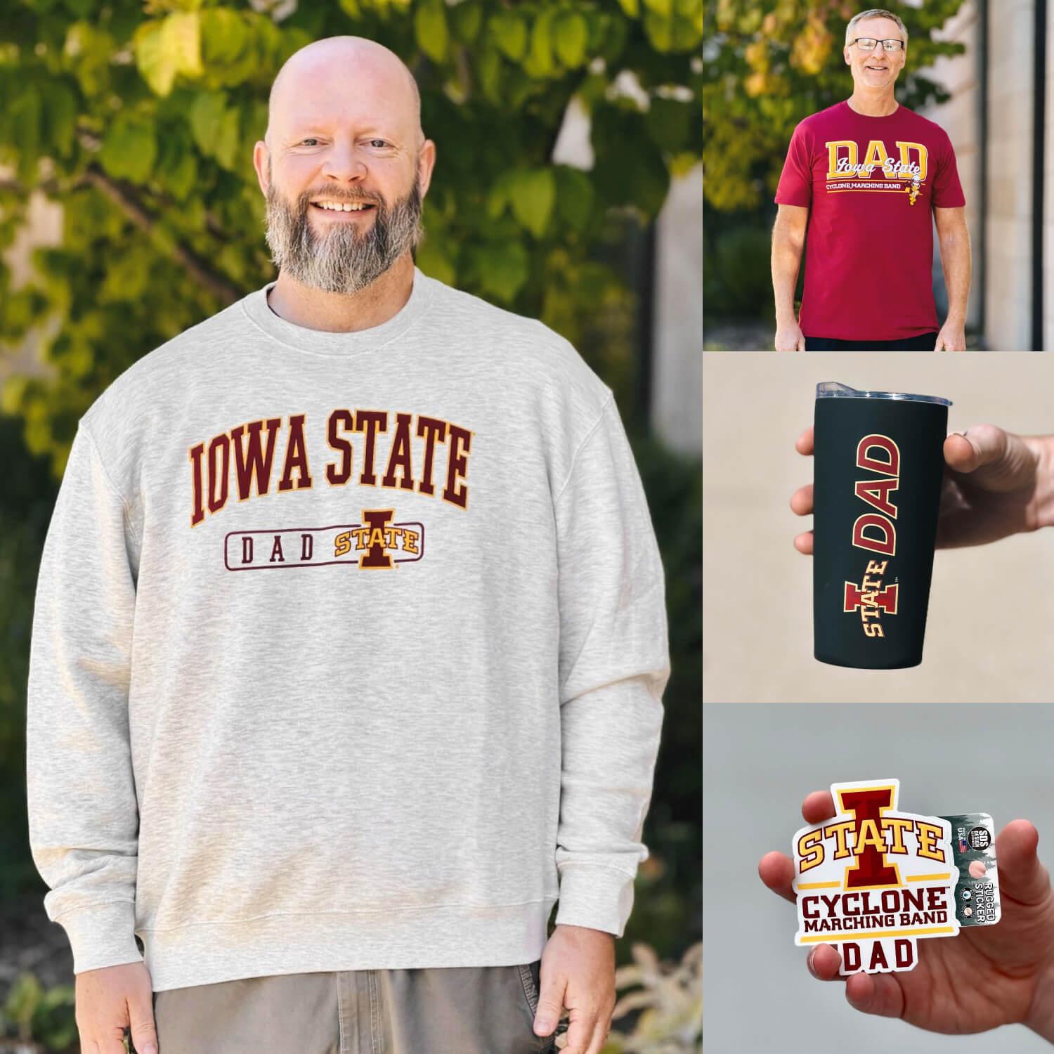 A man wearing an Iowa State Camo t-shirt and hat while holding a camo can cooler.